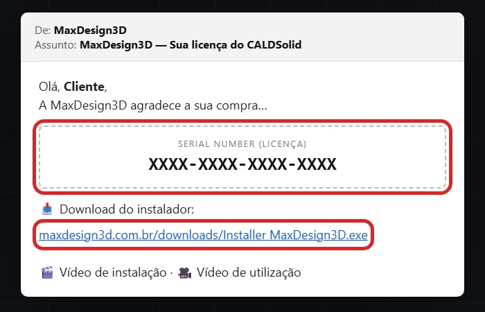 E-mail da compra com o Serial Number e o link Download do instalador destacados