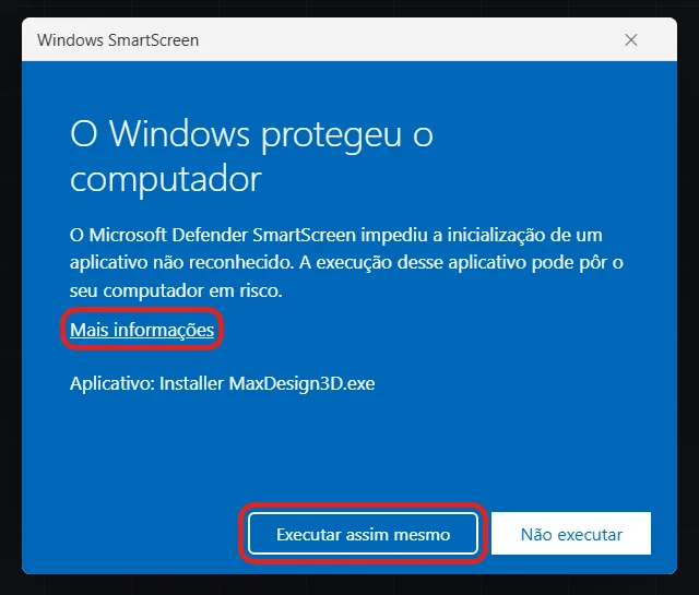 Aviso azul do Windows SmartScreen com Mais informações e Executar assim mesmo destacados