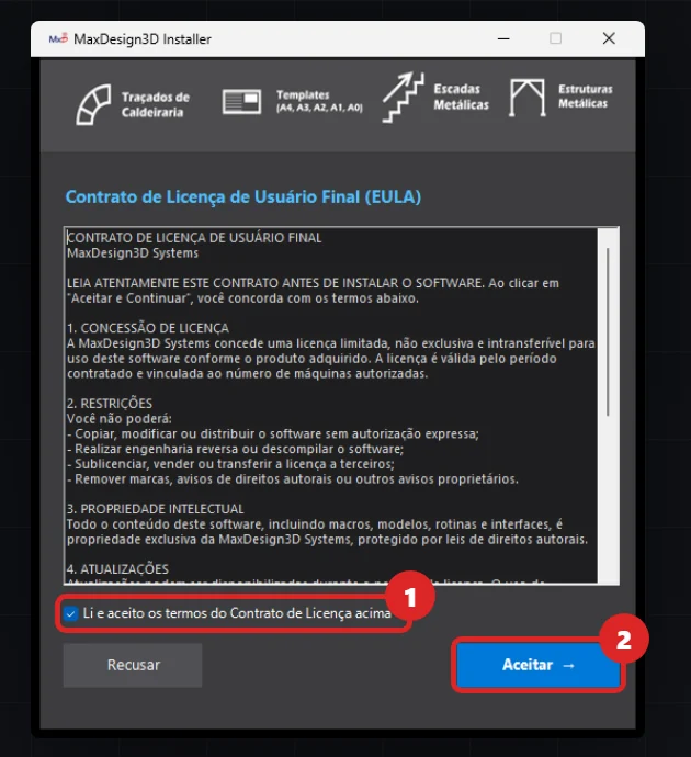 Tela do contrato no instalador, com a caixa de aceite e o botão Aceitar marcados