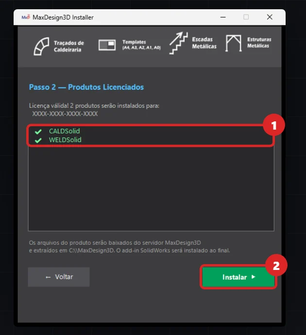 Lista de produtos licenciados no instalador e o botão Instalar marcados
