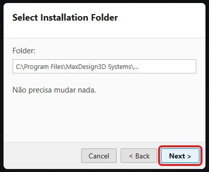 Assistente do add-in: pasta de instalação, botão Next