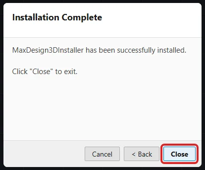Assistente do add-in: instalação concluída, botão Close