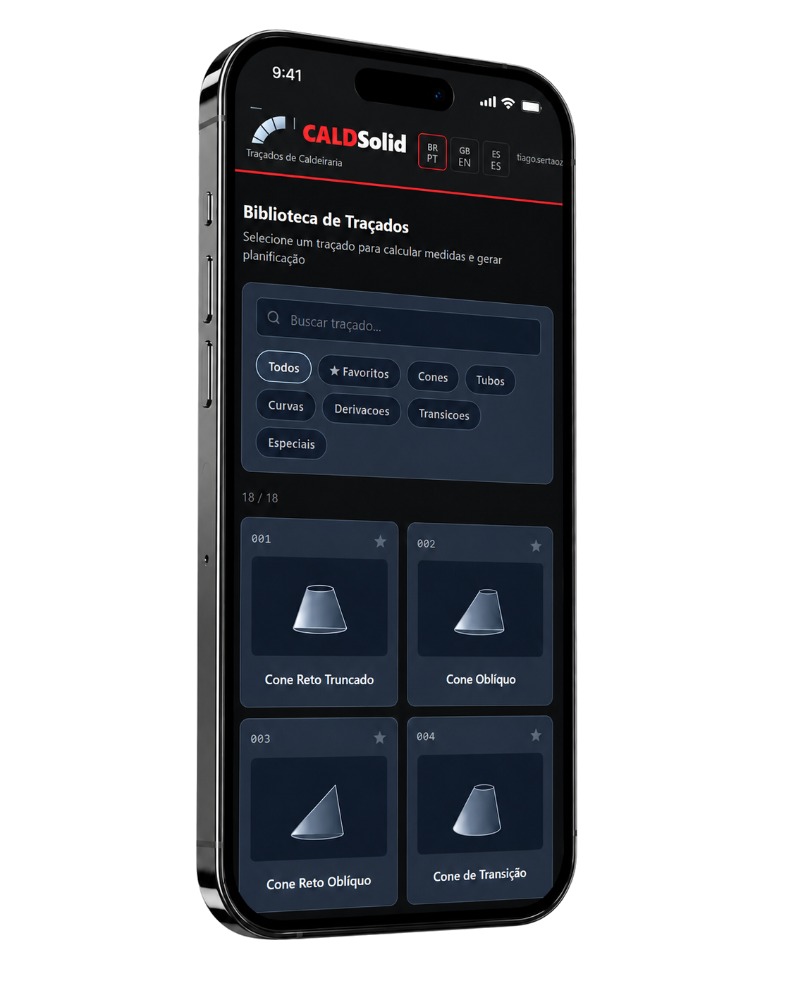 CaldSolid Web aberto no navegador de um smartphone, gerando um traçado de caldeiraria sem instalar nada