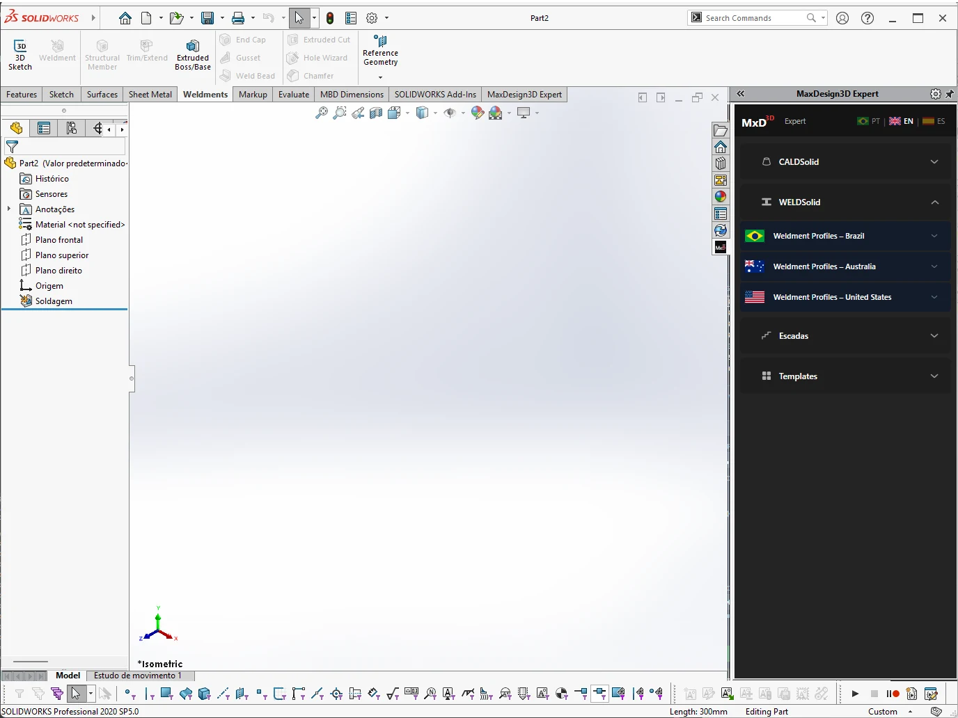 Painel de Tarefas do SolidWorks com a suíte MaxDesign3D instalada — CALDSolid, WELDSolid, Escadas Industriais e Templates Expert ao lado do modelo