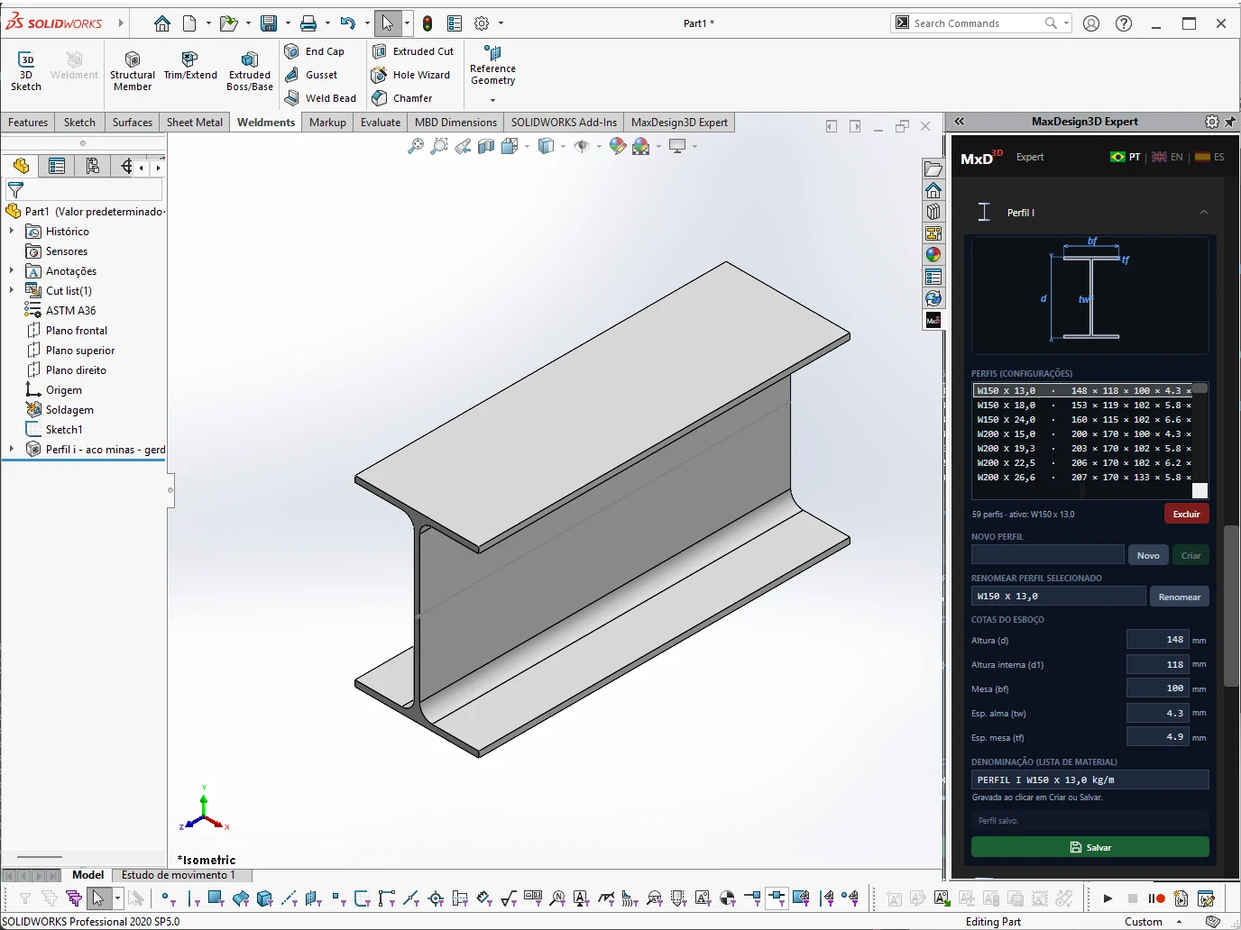Editor de perfis do WELDSolid com um perfil I brasileiro, suas cotas e a denominação usada na Lista de Materiais