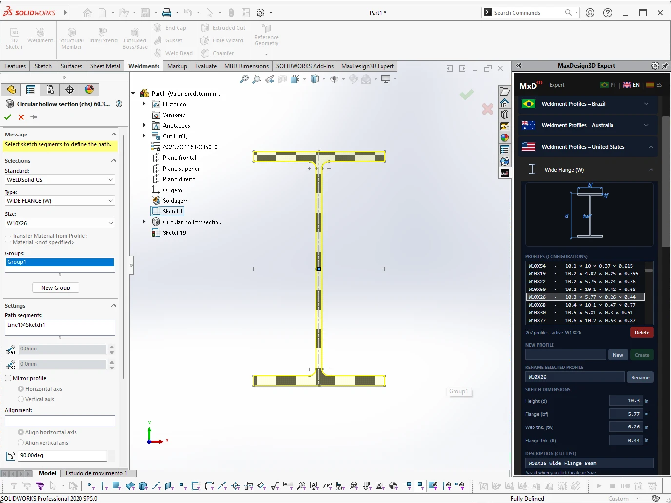 Biblioteca americana do WELDSolid — perfil Wide Flange W10x26 em polegadas, com a interface em inglês