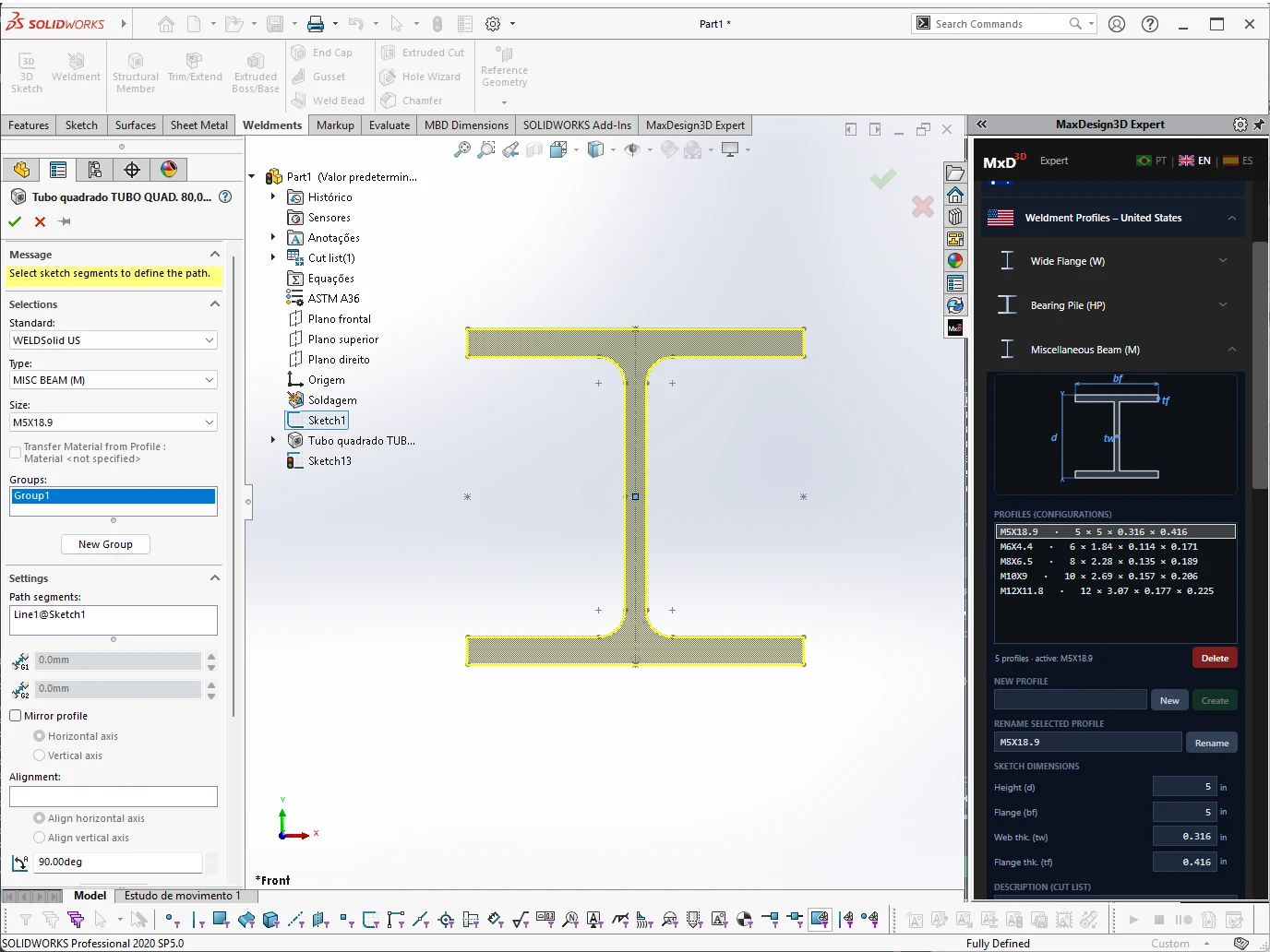 Comando nativo Structural Member do SolidWorks usando o padrão WELDSolid US — sem sair da ferramenta original
