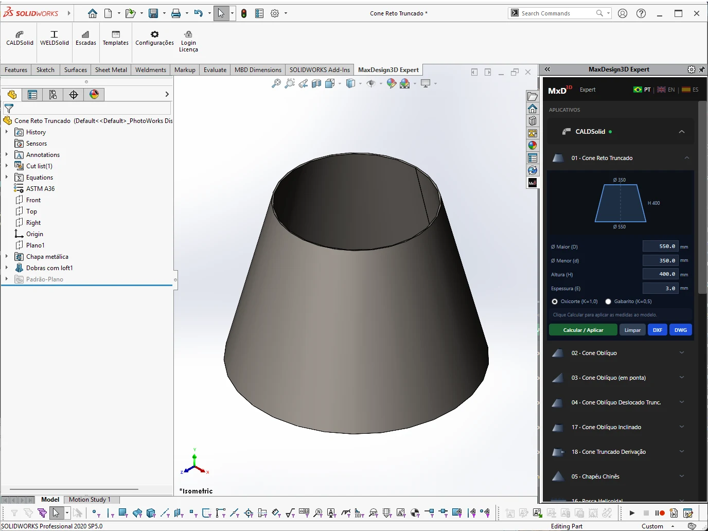 Cone reto truncado planificado no CALDSolid — task pane do SolidWorks com Ø base, Ø topo, altura e espessura