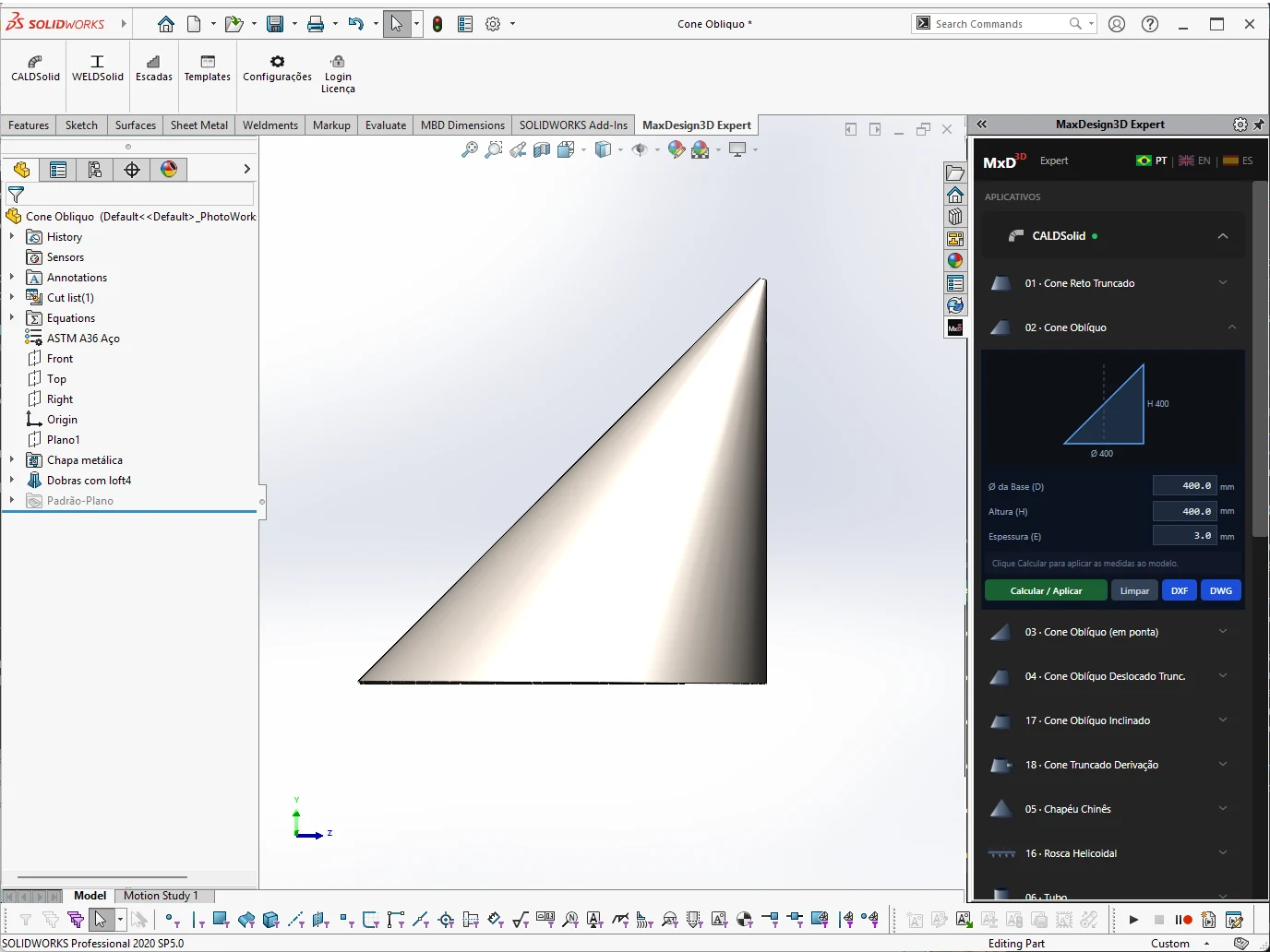 Cone oblíquo com ápice deslocado lateralmente, planificado no CALDSolid dentro do SolidWorks