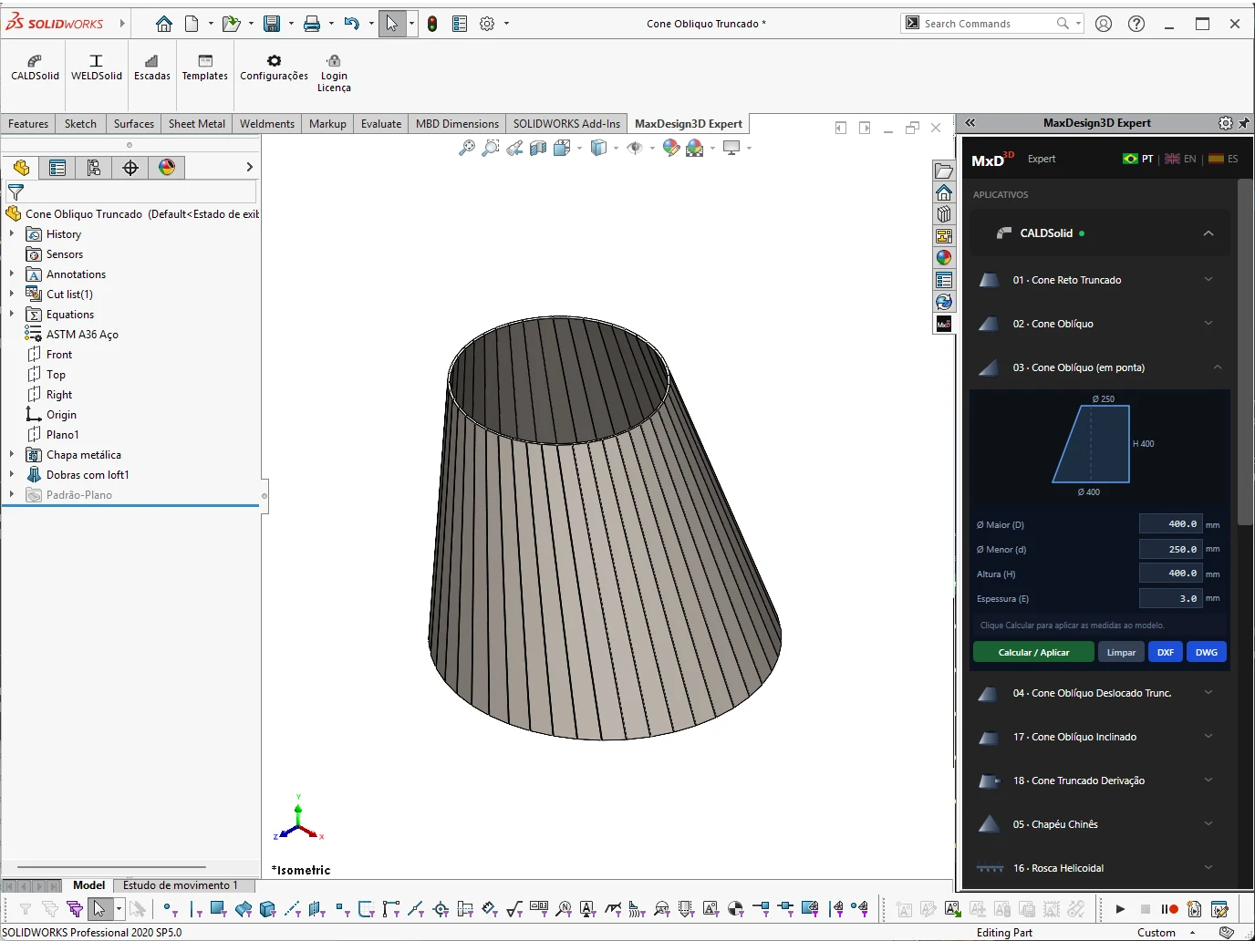Cone oblíquo em ponta com as geratrizes da planificação visíveis no modelo 3D