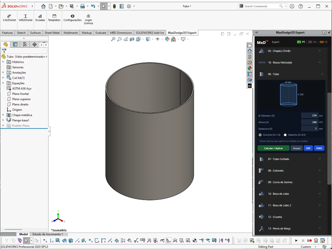 Tubo cilíndrico Ø 250 × 300 mm com planificação retangular gerada no CALDSolid