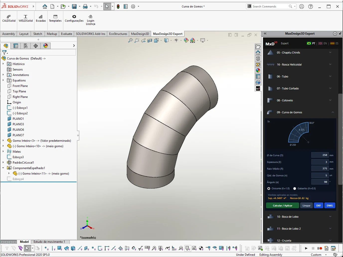 CALDSolid gerando uma curva de gomos de 5 segmentos no SolidWorks — raio médio 375 mm, ângulo 90°, com área e massa calculadas automaticamente