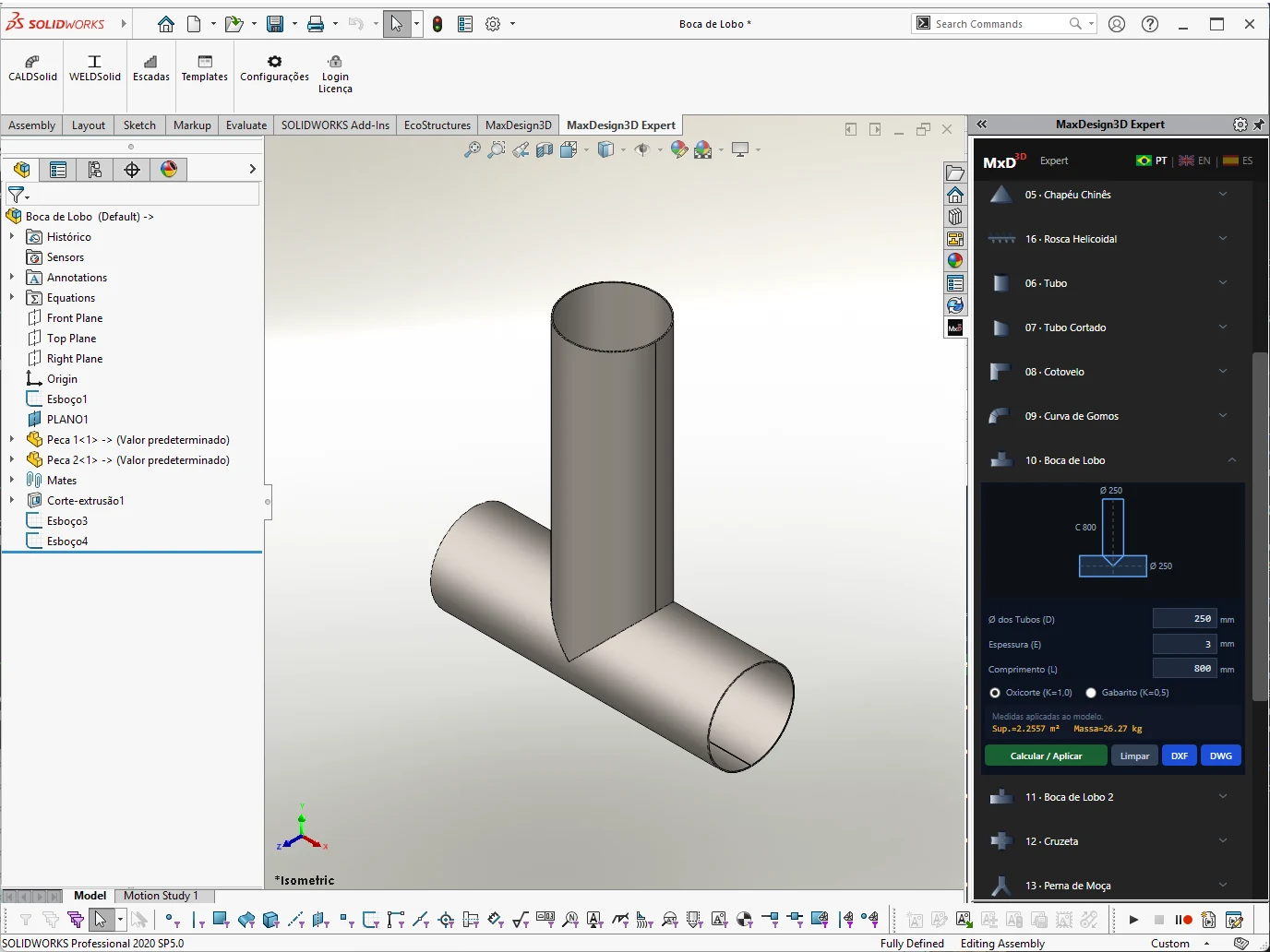 Boca de lobo — interseção de tubo em tubo horizontal com a sela desenvolvida pelo CALDSolid