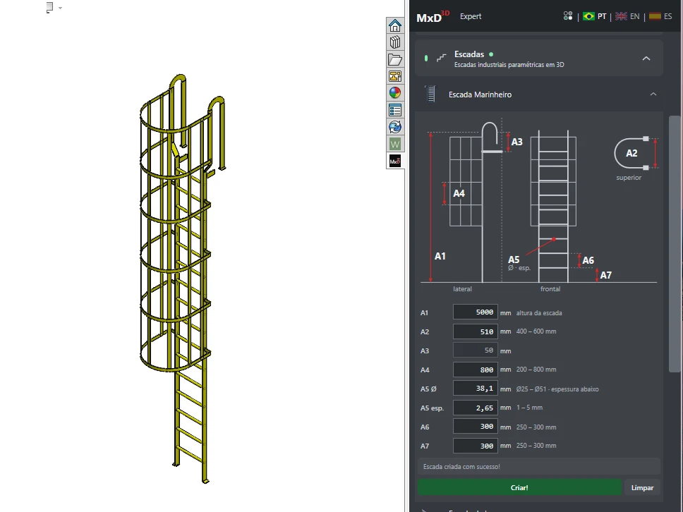 Escada marinheiro com gaiola gerada no SolidWorks, ao lado do painel do app com o desenho cotado em vista lateral e frontal