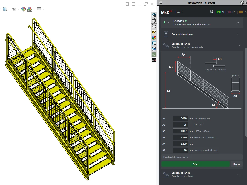 Escada de lance com guarda-corpo em tela soldada gerada no SolidWorks, ao lado do painel do app com o desenho cotado e os campos de medida