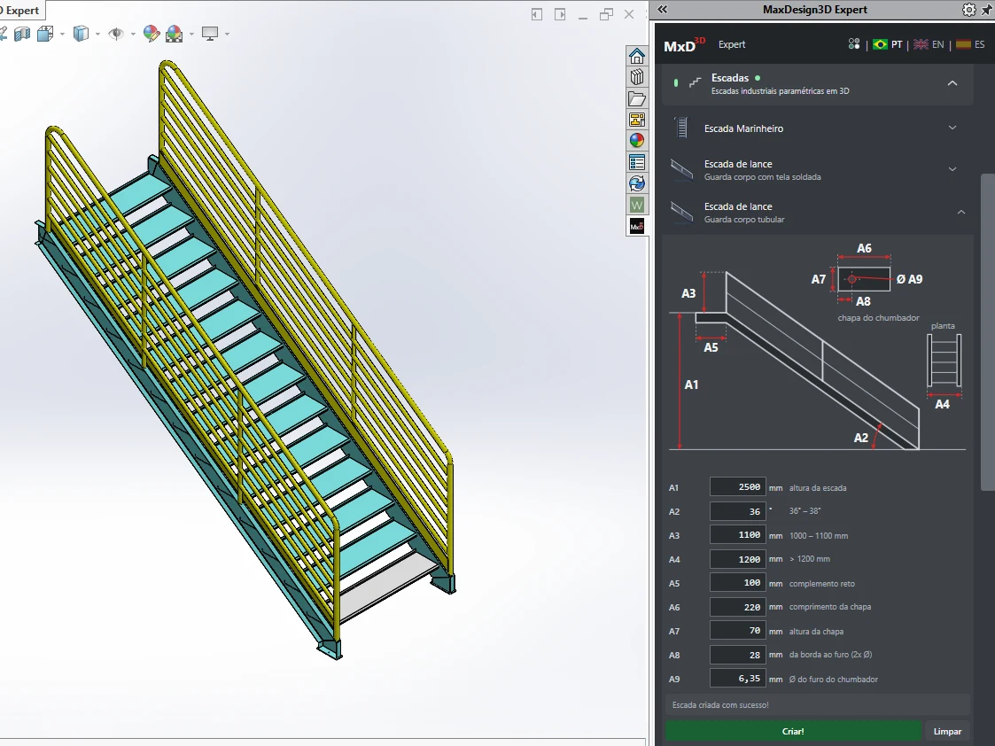 Escada de lance com guarda-corpo tubular gerada no SolidWorks, ao lado do painel do app com as medidas da escada e da chapa do chumbador